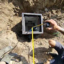 Pomiar głębokości studzienki kanalizacyjnej w ziemi za pomocą zwijanej miarki; widoczne gumowe buty, obudowa studzienki i niebieski rurociąg.