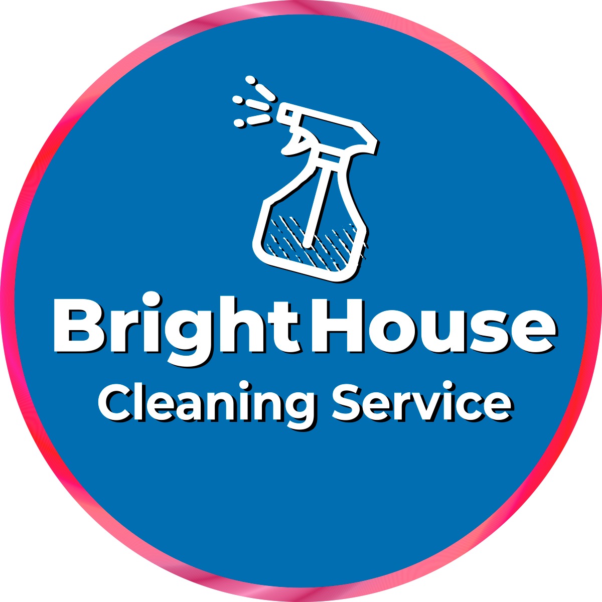 Logo firmy Bright House Cleaning Service przedstawiające stylizowany rozpylacz na niebieskim tle z różową obwódką.