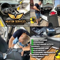 Heaton Services Bartłomiej Szylko - Kolaż zdjęć z czyszczenia wnętrza samochodu: czyszczenie fotela, bagażnika, deski rozdzielczej oraz logo firmy i lista usług z zielonymi znacznikami.