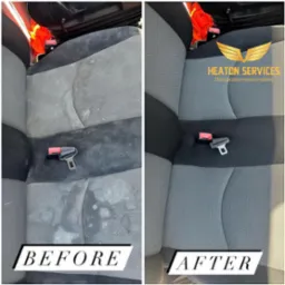 Tapicerka fotela samochodowego: porównanie stanu przed i po czyszczeniu, widoczne plamy i zabrudzenia usunięte, z logo firmy Heaton Services w tle.
