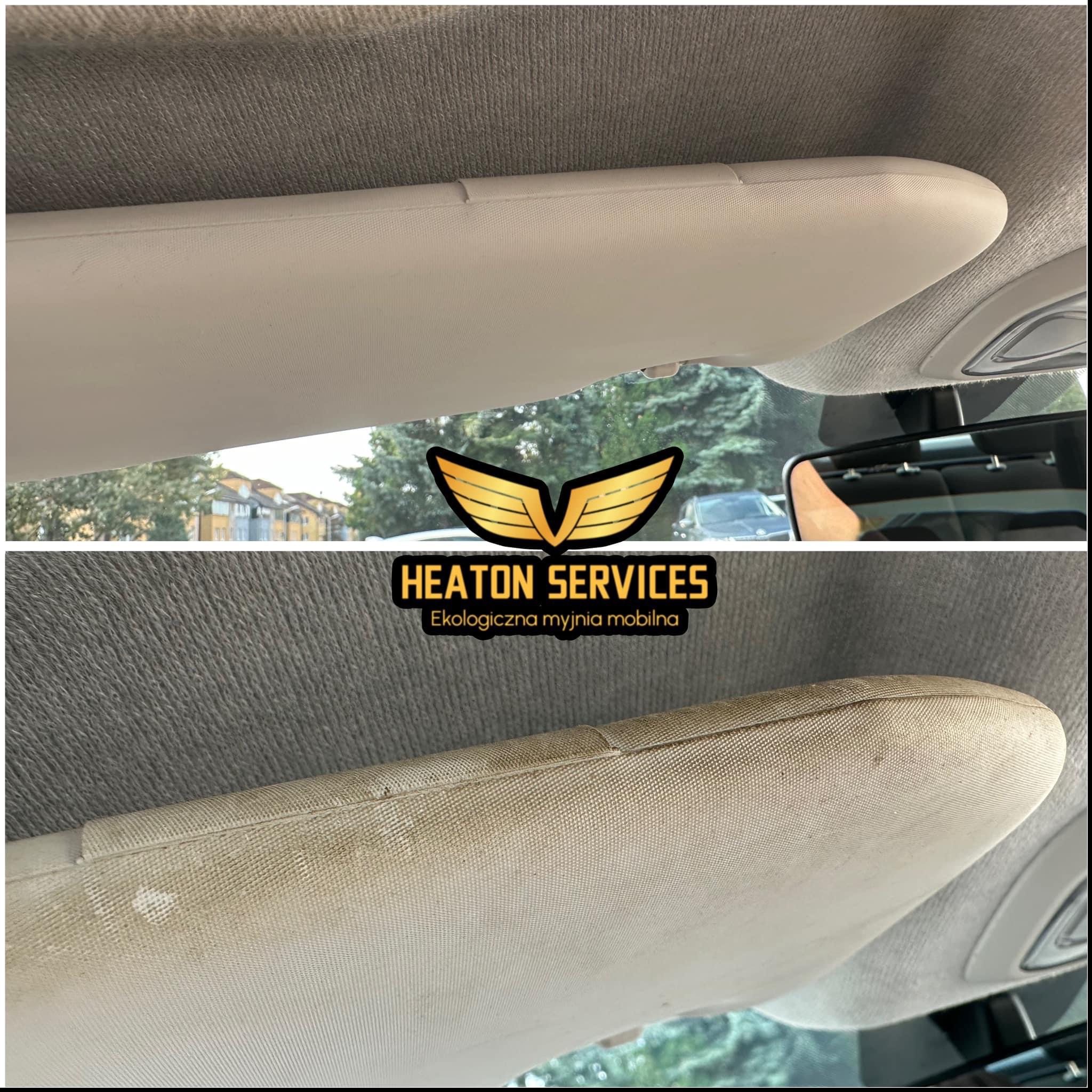 Osłona przeciwsłoneczna w samochodzie przed i po czyszczeniu, widoczna różnica w czystości tapicerki, logo firmy Heaton Services.