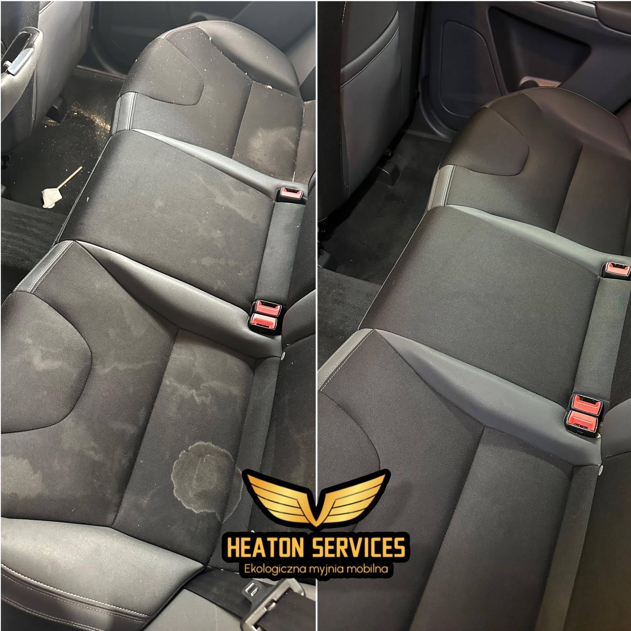 Porównanie stanu tylnej kanapy samochodowej przed i po czyszczeniu: po lewej zabrudzona tapicerka z plamami i okruchami, po prawej czysta, odświeżona tapicerka, widoczne pasy bezpieczeństwa i logo...