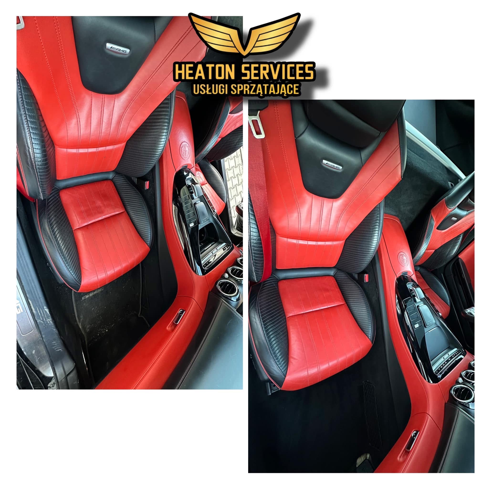 Porównanie wnętrza samochodu przed i po czyszczeniu: po lewej stronie widoczny brud na skórzanych siedzeniach i dywanikach, po prawej stronie czyste, czerwono-czarne skórzane siedzenia i dywaniki...