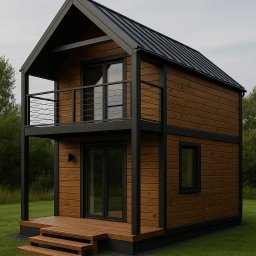 BCV SERWIS - MICHAŁ MAŁOLEPSZY - Dwukondygnacyjny, nowoczesny dom szkieletowy z drewnianą elewacją i czarnymi metalowymi elementami konstrukcyjnymi, balkonem i schodami wejściowymi.