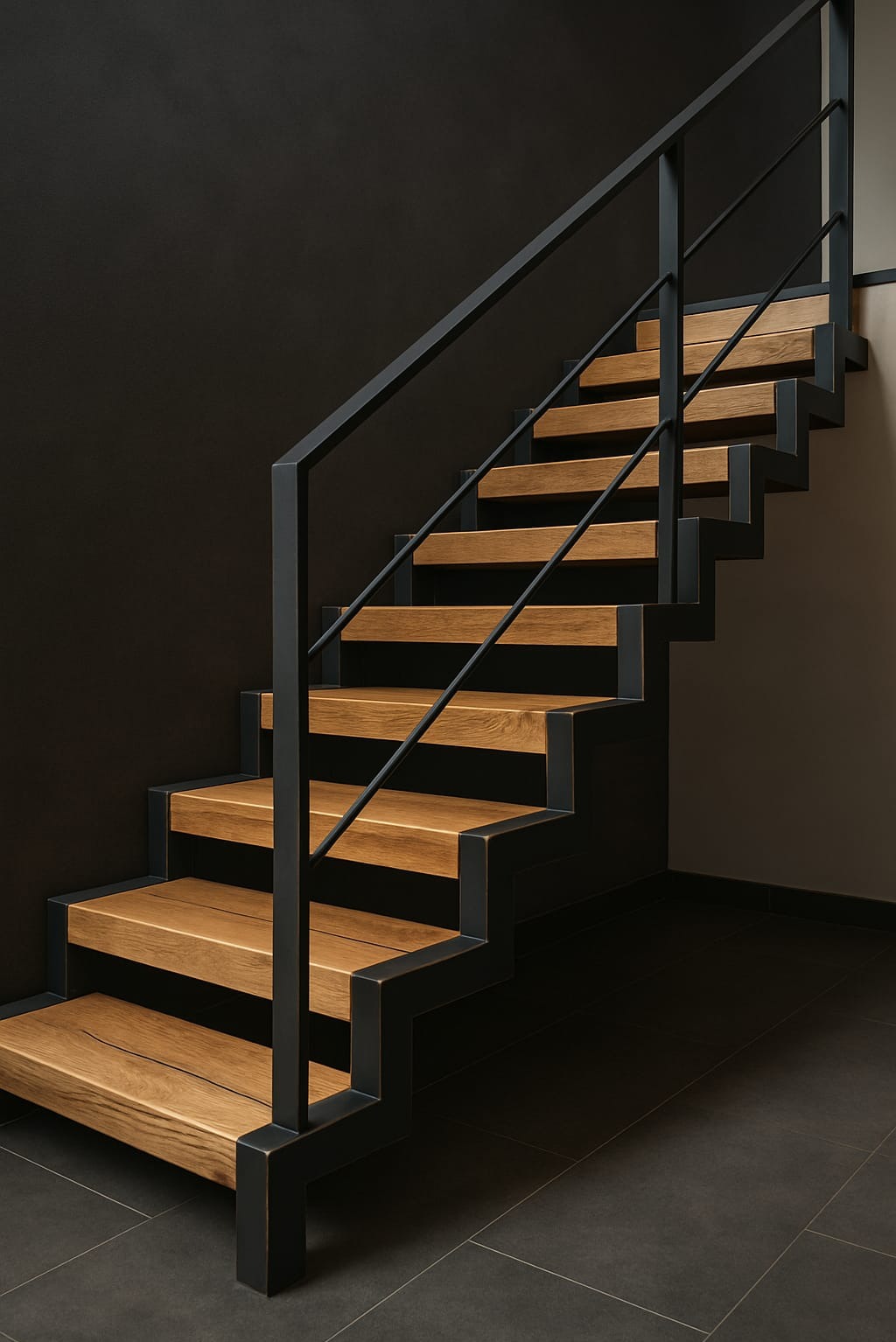 Nowoczesne schody z drewnianymi stopniami i metalową balustradą na tle ciemnej ściany. Minimalistyczny design, widoczny detal wykończenia.