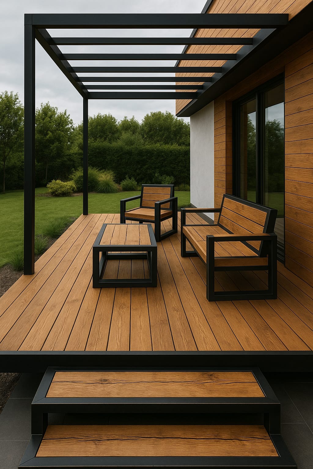 Nowoczesny taras drewniany z pergolą metalową, meblami ogrodowymi w stylu loft i schodami. Jasne drewno, czarne metalowe ramy, zieleń w tle.