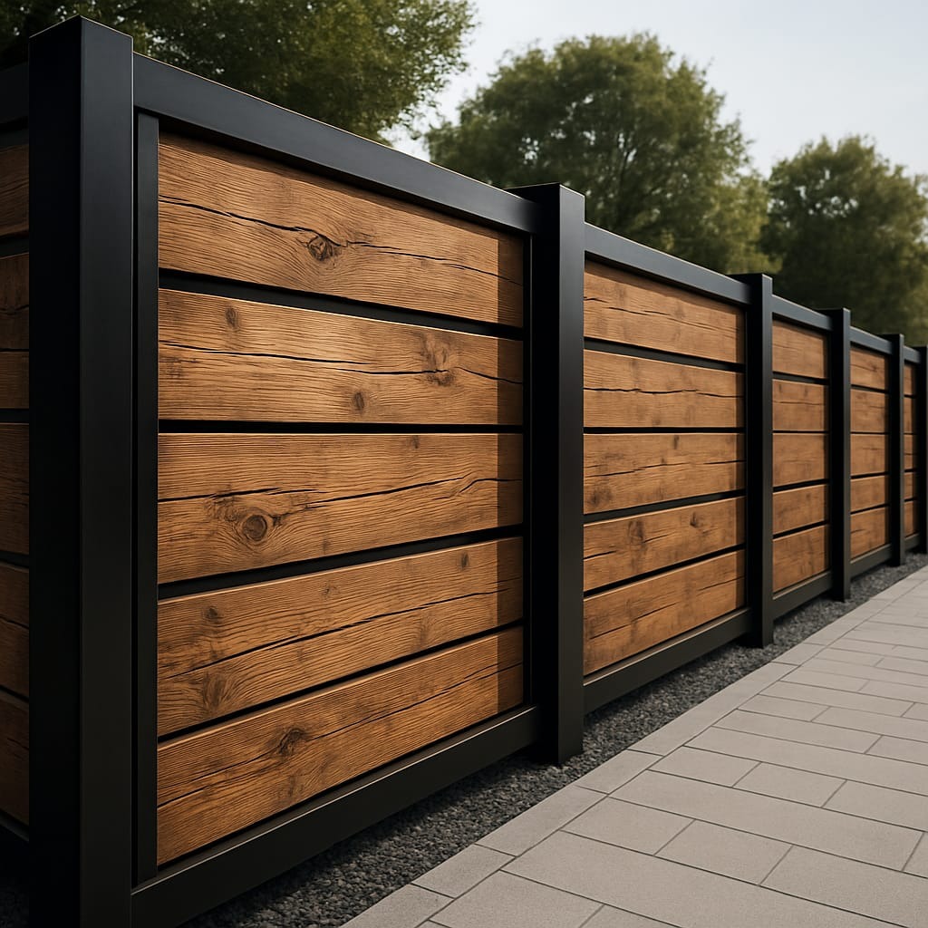 Nowoczesne ogrodzenie panelowe z drewna i metalu w Szarku. Horyzontalny układ desek o ciepłym odcieniu brązu, czarne metalowe słupki. Estetyczne wykończenie.