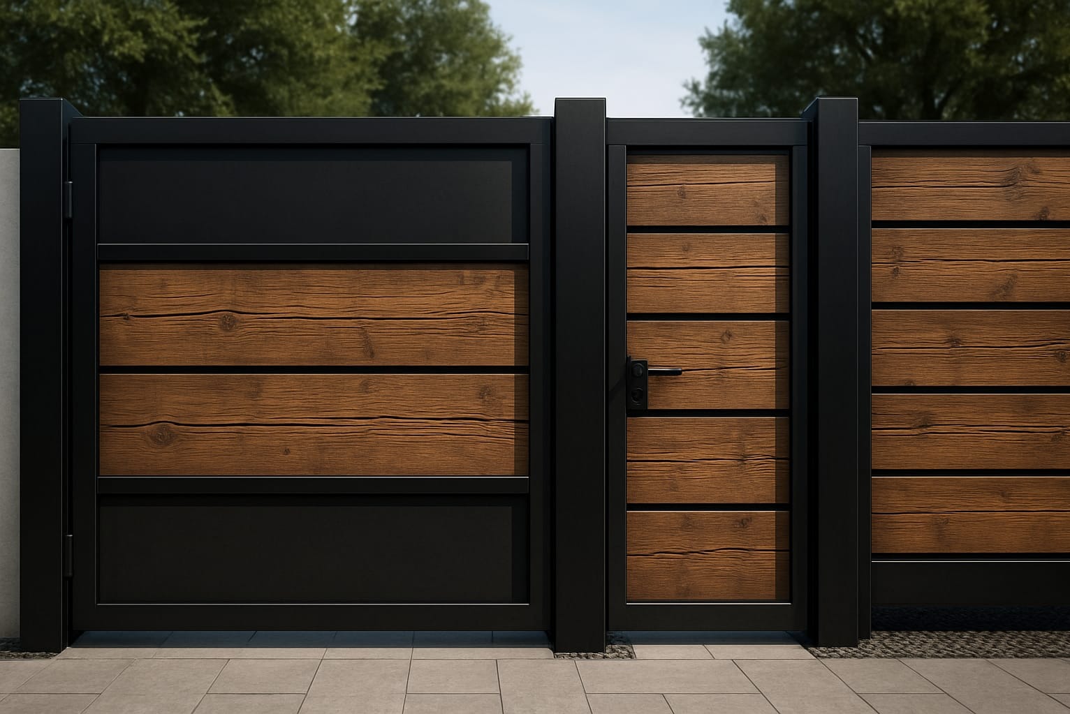 Nowoczesne ogrodzenie z drewnianymi panelami i czarną metalową ramą, zamknięta furtka z klamką, na tle zieleni. Estetyczne i funkcjonalne rozwiązanie.