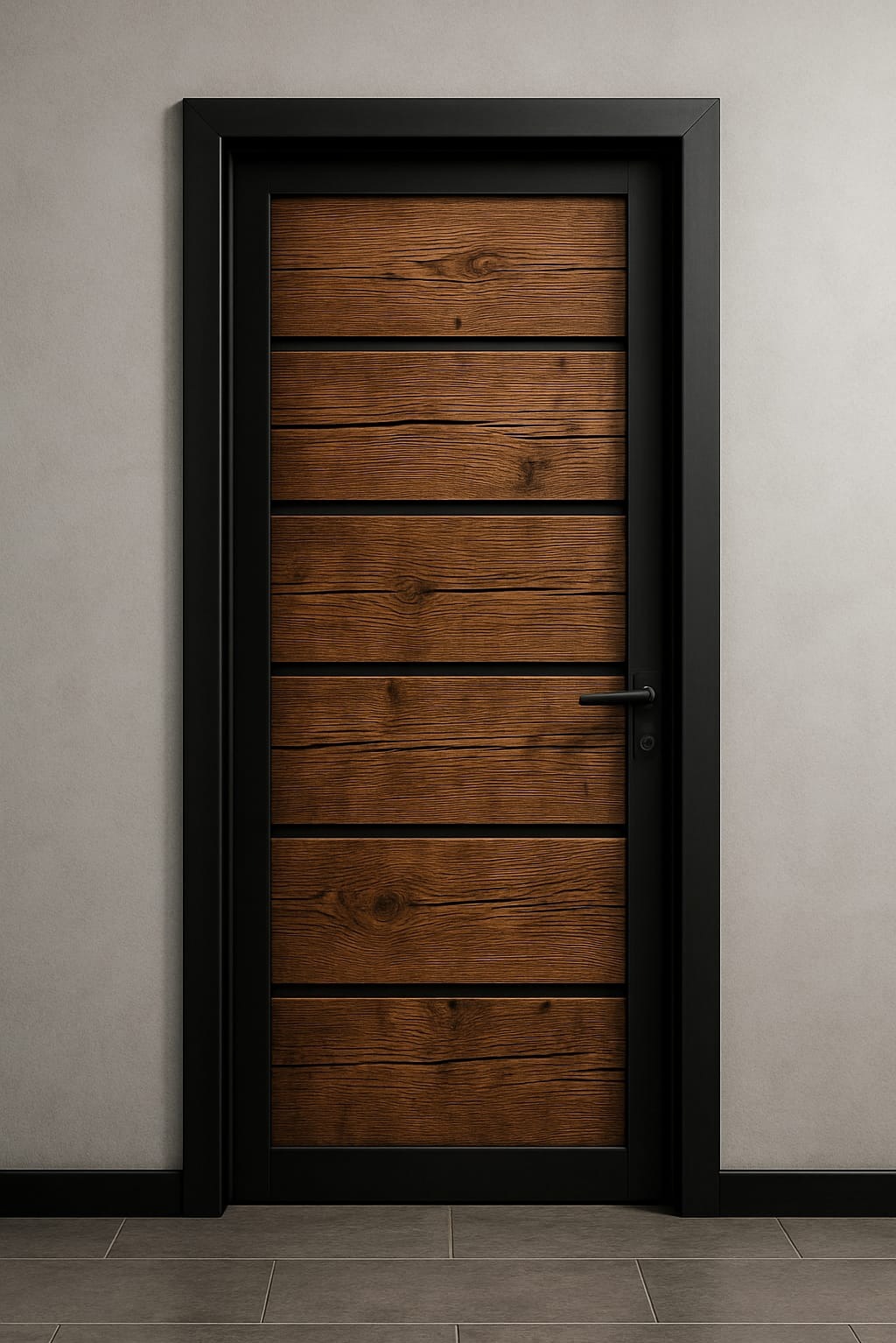 Drewniane drzwi wewnętrzne z czarną ramą i klamką, widok z bliska. Element dekoracyjny z poziomych desek z wyraźnym usłojeniem. Szare płytki podłogowe.