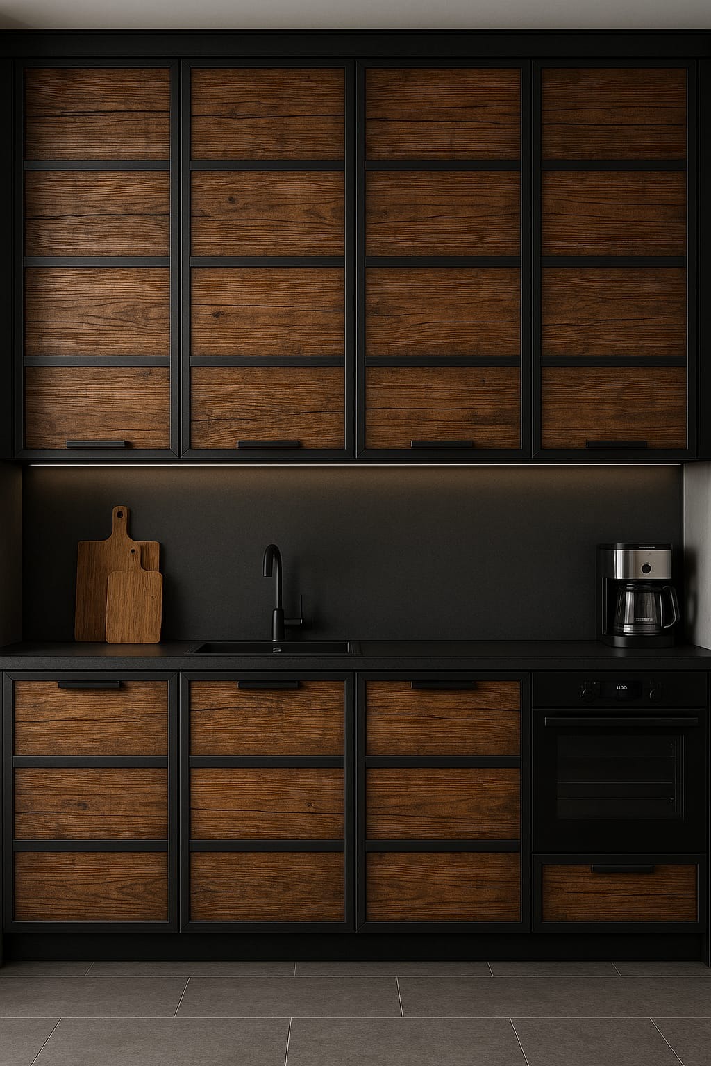 Nowoczesna zabudowa kuchenna: drewniane fronty szafek z czarnymi, metalowymi ramami, czarny blat, zlew, deski do krojenia i ekspres do kawy. Oświetlenie LED pod szafkami.