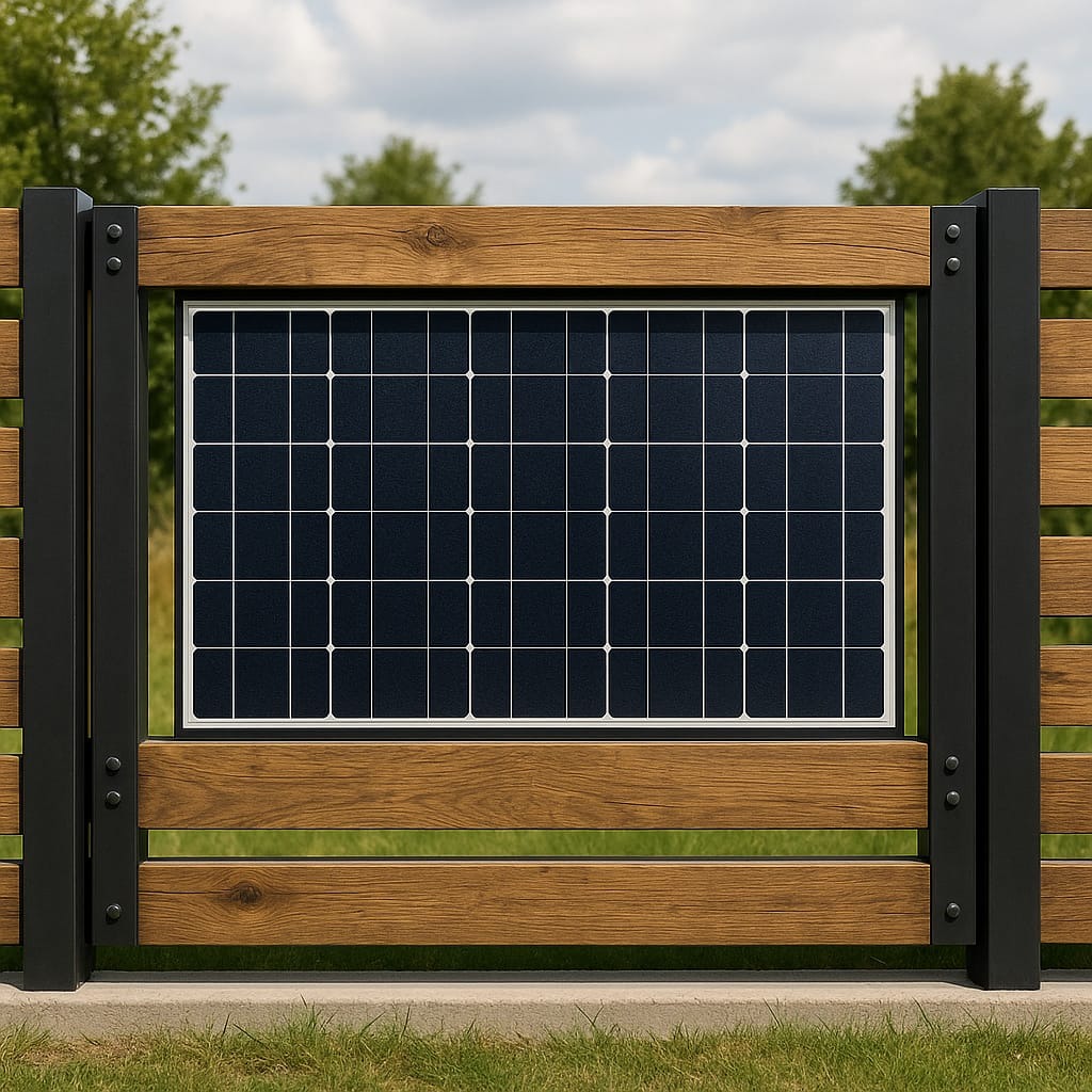Nowoczesne ogrodzenie z paneli słonecznych wkomponowanych w drewnianą ramę, czarne metalowe słupki, tło zieleni. Nietypowe połączenie estetyki i ekologii.
