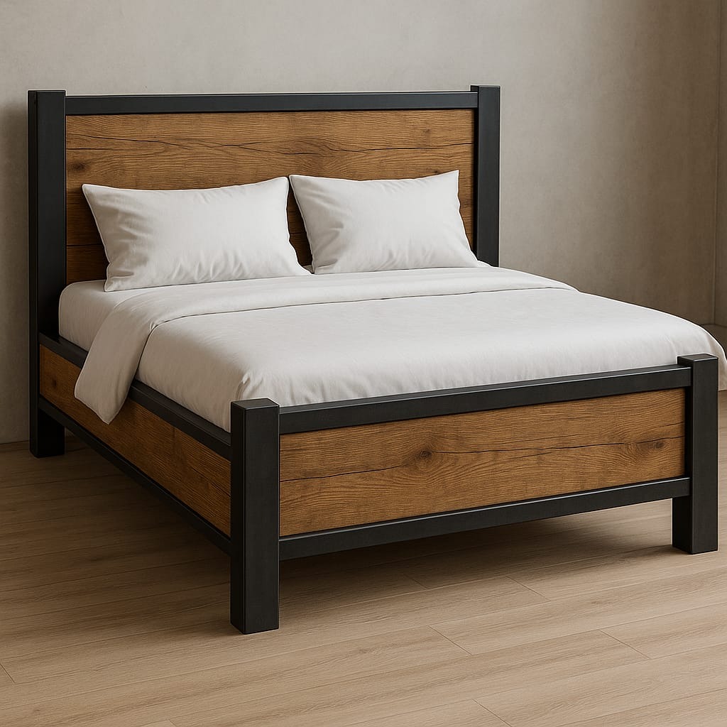 Drewniane łóżko z czarną metalową ramą i białymi poduszkami, ustawione na drewnianej podłodze. Widoczne usłojenie drewna i minimalistyczny design.