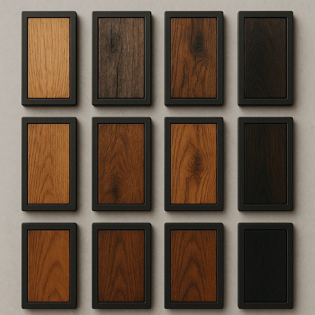 Dwunasto-elementowa próbka drewnianych paneli w ciemnych ramkach, prezentująca różnorodność odcieni i struktur drewna na jasnym tle.