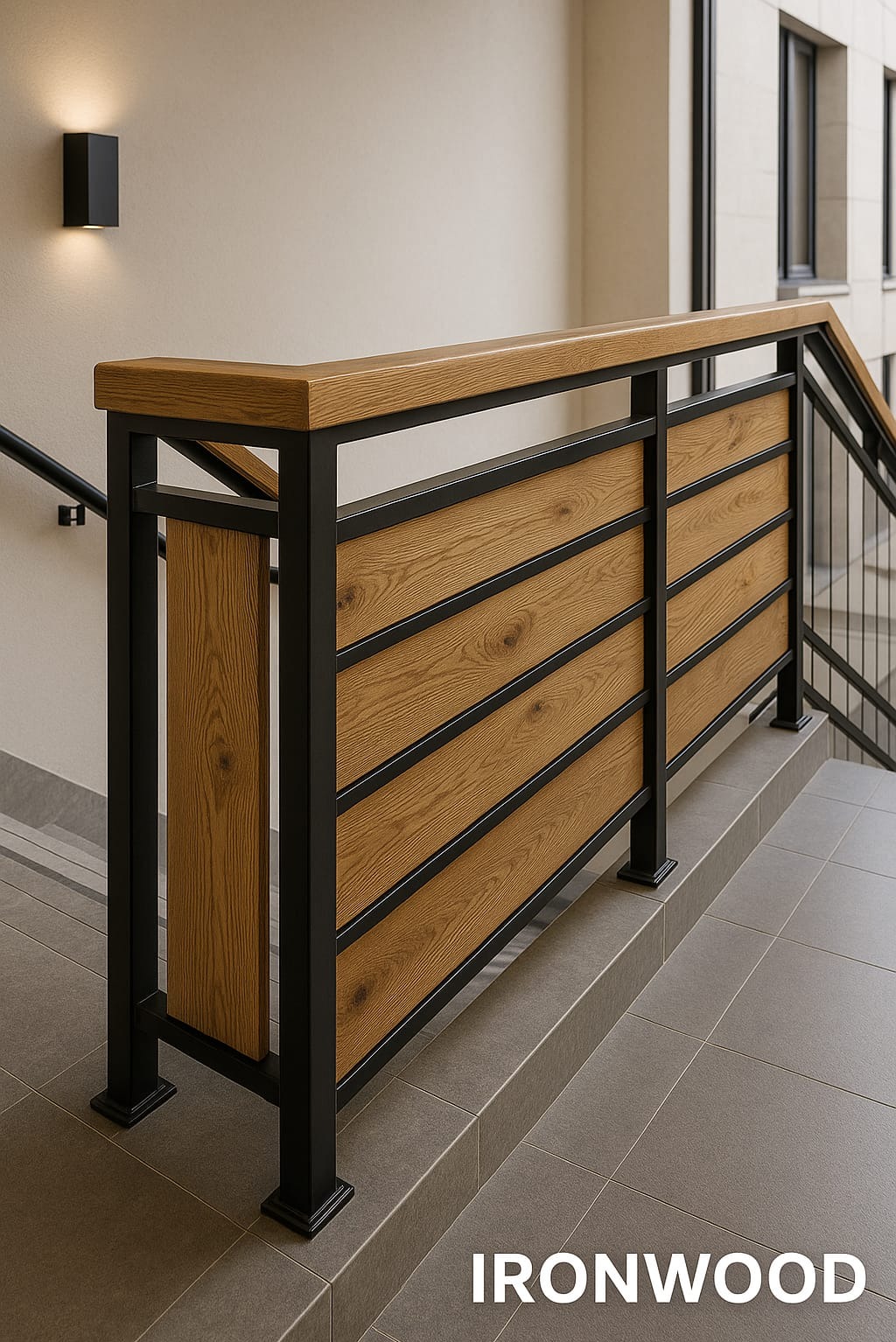 Nowoczesna balustrada schodowa z drewna i czarnego metalu. Elementy poziome z drewna o ciepłym odcieniu, czarne, metalowe słupki. Minimalistyczny design, neutralne tło.