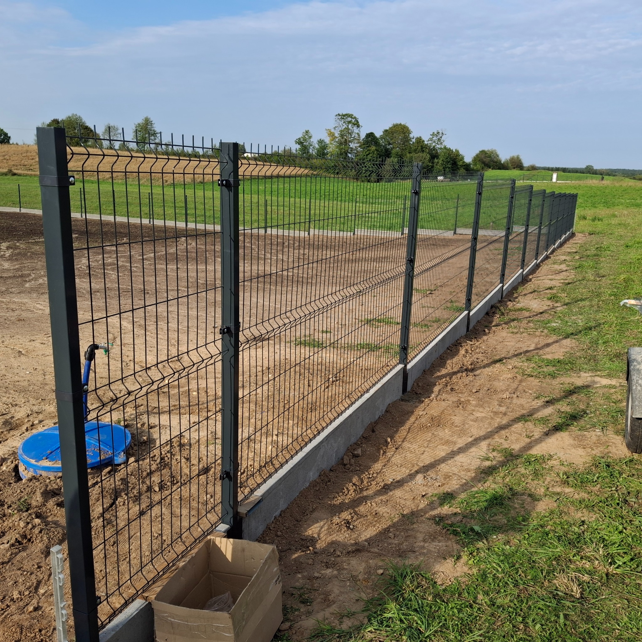 Nowoczesne ogrodzenie panelowe z podmurówką betonową na zielonym terenie. Widoczne słupki i siatka w kolorze grafitowym. W tle drzewa i błękitne niebo.