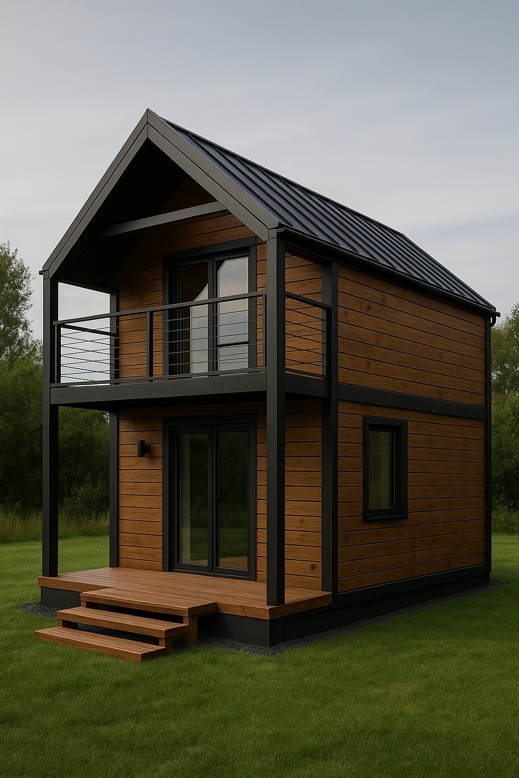 Dwukondygnacyjny, nowoczesny dom szkieletowy z drewnianą elewacją i czarnymi metalowymi elementami konstrukcyjnymi, balkonem i schodami wejściowymi.