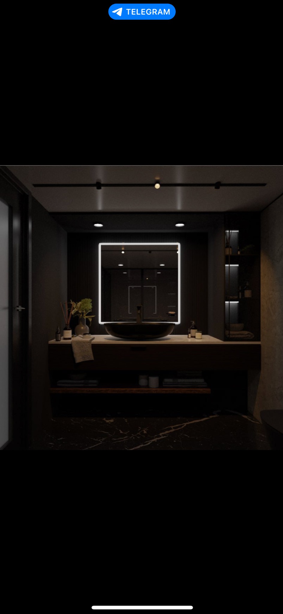 Nowoczesna łazienka w ciemnych tonacjach z umywalką na blacie, podświetlanym lustrem i marmurową podłogą.