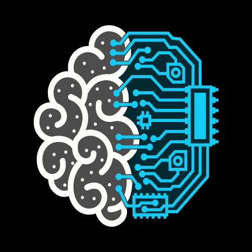 Grafika przedstawiająca schemat ludzkiego mózgu połączonego z obwodem elektronicznym w odcieniach szarości i błękitu na czarnym tle.