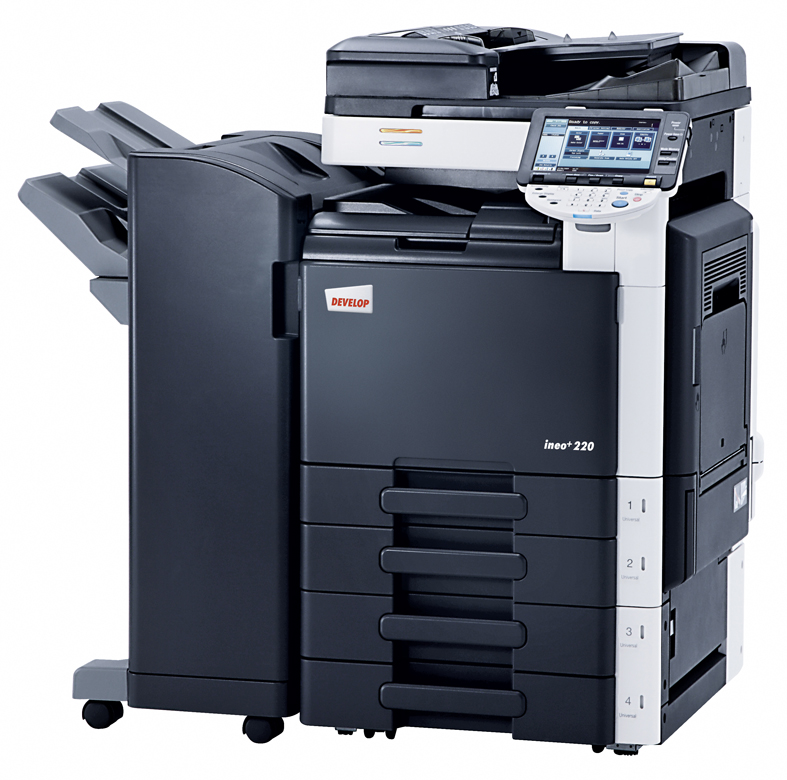 Wielofunkcyjne urządzenie cyfrowe DEVELOP ineo+ 220, czarno-białe z kolorowym panelem dotykowym, widoczne cztery podajniki papieru i logo marki.