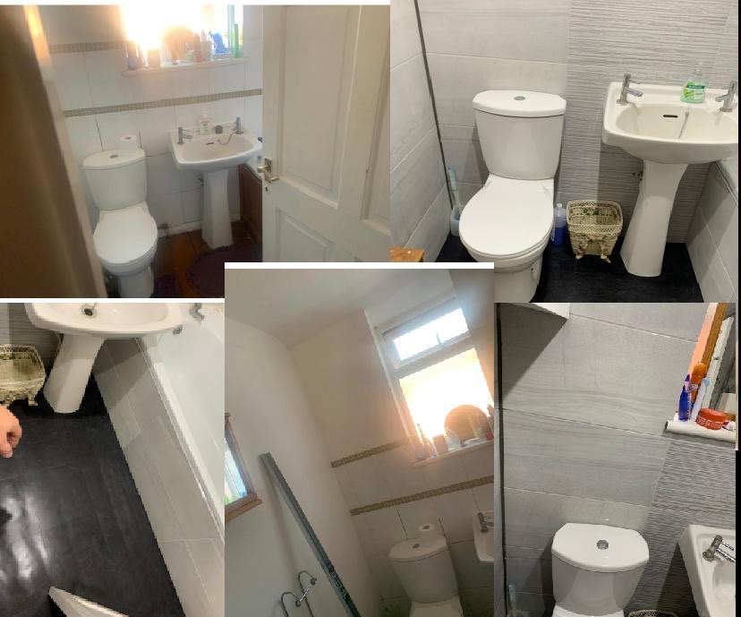 Kompilacja zdjęć wyremontowanej łazienki z białą armaturą (toaleta, umywalka na postumencie) i szarymi płytkami ściennymi. Jedno ujęcie pokazuje okno z widokiem na zewnątrz.