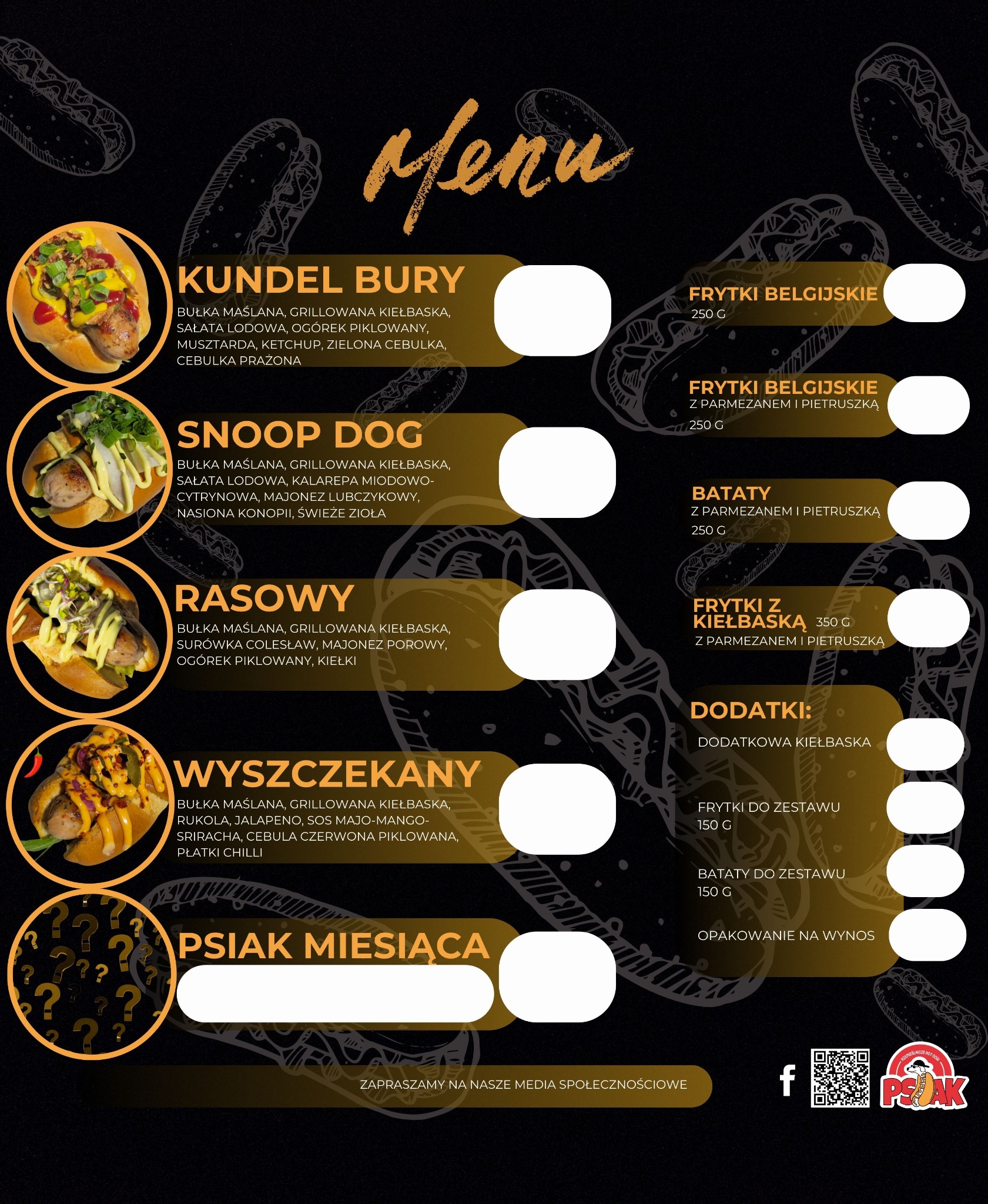 Menu restauracji z hot dogami i frytkami, na czarnym tle grafiki hot dogów, wyszczególnione składniki hot dogów 'Kundel Bury', 'Snoop Dog', 'Rasowy', 'Wyszczekany' oraz frytek belgijskich i batatów...