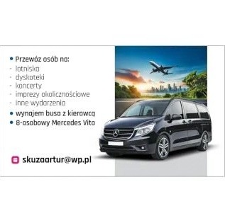 Czarny Mercedes Vito na tle panoramy miasta i startującego samolotu, obok lista usług transportowych, w tym wynajem busa z kierowcą.