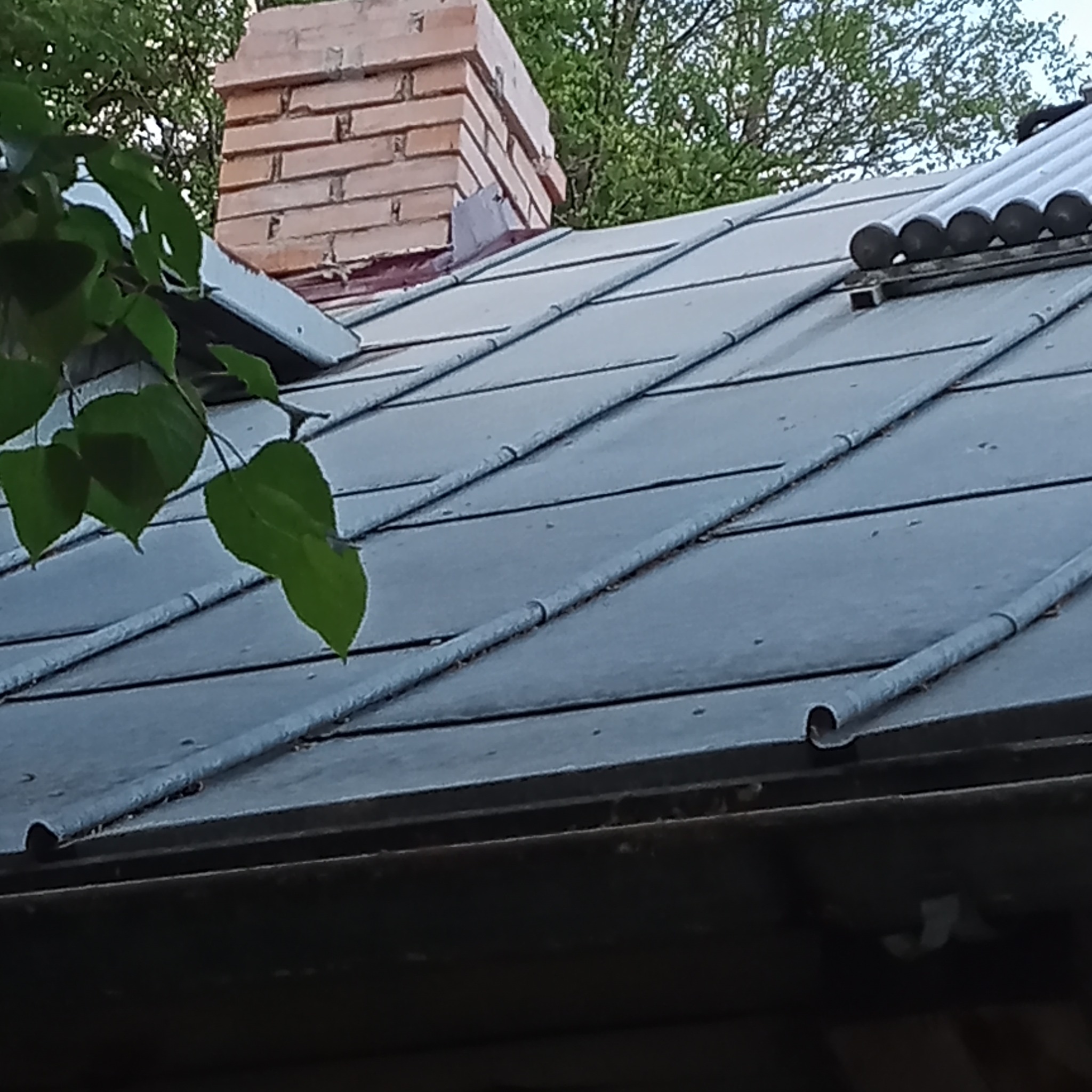 Szary, blaszany dach z widocznym kominem z czerwonej cegły i fragmentem gałęzi z zielonymi liśćmi w lewym rogu.