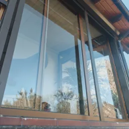 Duże okno z brązowymi ramami, odbijające drzewa i niebo, widok z zewnątrz na wnętrze z roślinami doniczkowymi.