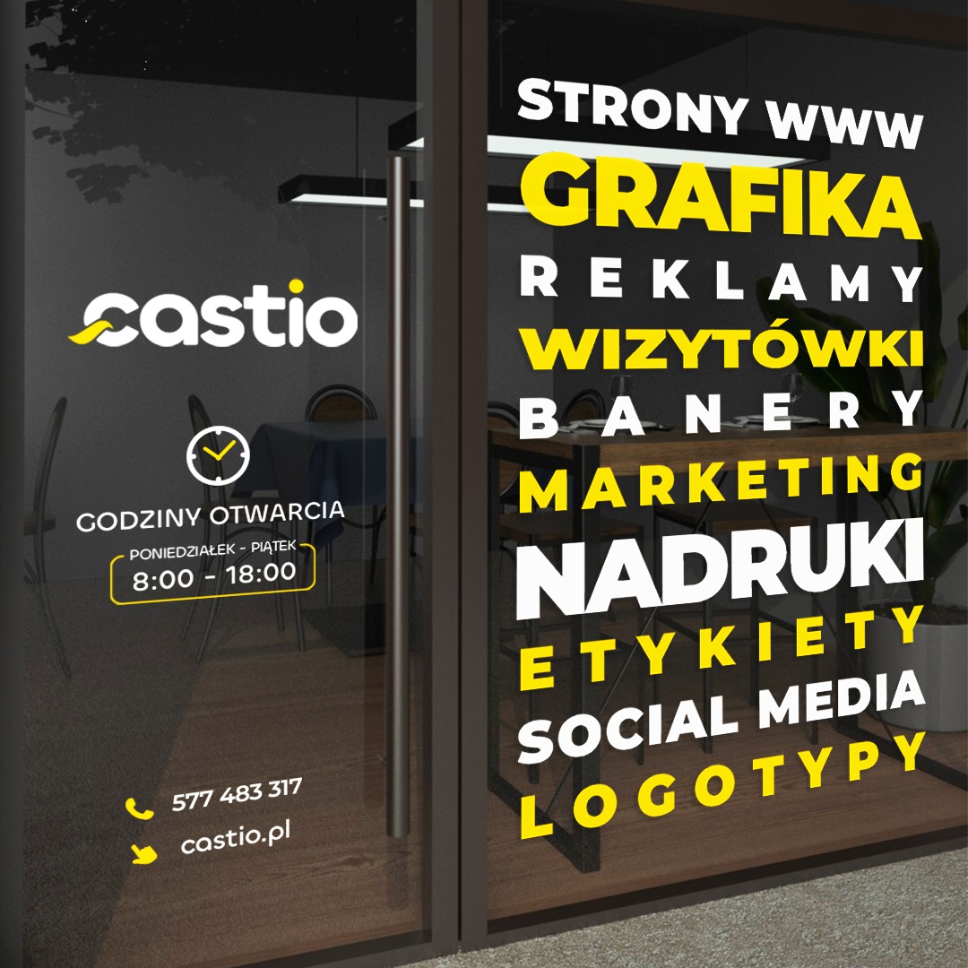 Grafika na szklanych drzwiach lokalu z ofertą usług: strony www, grafika, reklamy, wizytówki, banery, marketing, nadruki, etykiety, social media, logotypy, widok z zewnątrz, w tle stolik i krzesła.