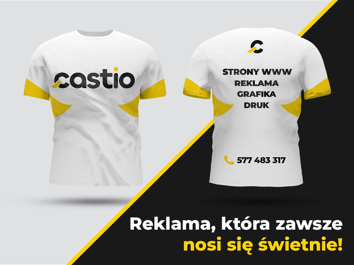 Dwie białe koszulki z krótkim, żółtym rękawem, z przodu logo firmy 'castio', z tyłu wypisane usługi: strony www, reklama, grafika, druk oraz numer telefonu, umieszczone na czarno-żółtym tle...