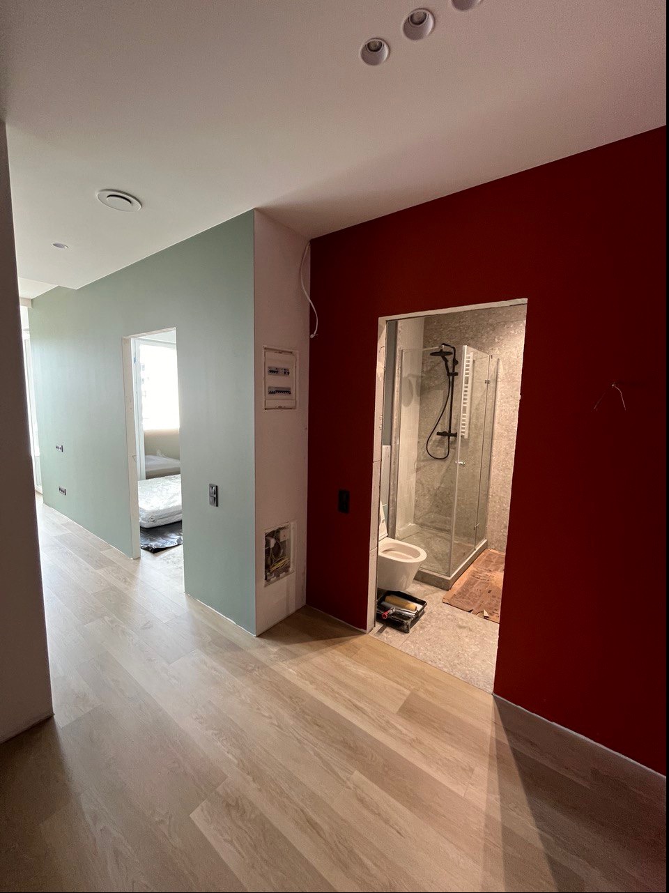 Wnętrze mieszkania w trakcie prac: pomalowane ściany w odcieniach czerwieni i zieleni, widoczna łazienka z kabiną prysznicową, niezabezpieczone kable elektryczne, podłoga wyłożona panelami.