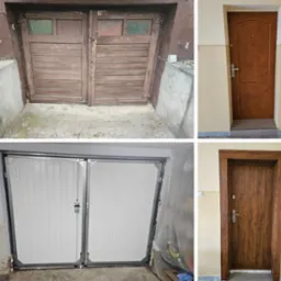 Kolaż czterech różnych typów drzwi: garażowe drewniane, wewnętrzne brązowe, garażowe białe, zewnętrzne brązowe z ościeżnicą. Różne style i materiały.