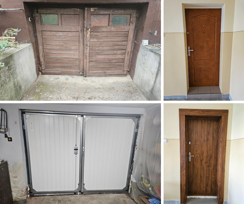 Kolaż czterech różnych typów drzwi: garażowe drewniane, wewnętrzne brązowe, garażowe białe, zewnętrzne brązowe z ościeżnicą. Różne style i materiały.