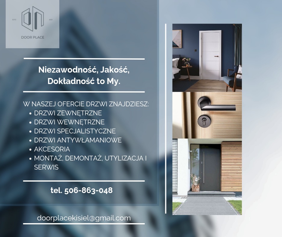 Kompozycja graficzna prezentująca ofertę firmy Door Place: drzwi wewnętrzne, zewnętrzne, antywłamaniowe, akcesoria, montaż, demontaż i serwis.