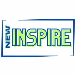 Logo firmy z nazwą 'NEW INSPIRE' w kolorze zielonym z niebieskim obrysem, umieszczone w niebieskiej ramce.