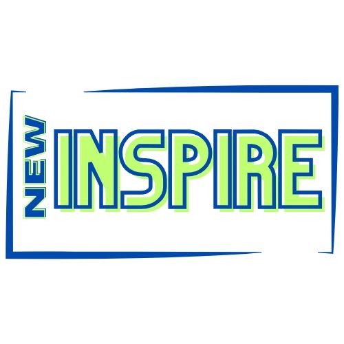 Logo firmy z nazwą 'NEW INSPIRE' w kolorze zielonym z niebieskim obrysem, umieszczone w niebieskiej ramce.
