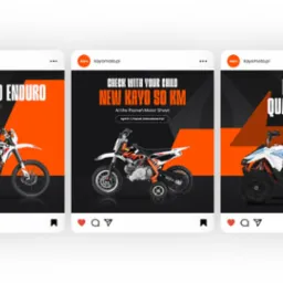Grafika reklamowa w stylu posta z mediów społecznościowych, prezentująca trzy różne modele motocykli i quada marki Kayo, z informacją o wystawie na targach w Poznaniu.