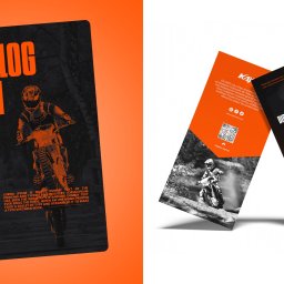 Target Brand - Projekt okładki katalogu KAYO 2024 z motocyklistą crossowym oraz rozkładówka katalogu z ofertą dirt bike, pit bike i quady na białym tle.