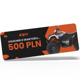 Target Brand - Voucher o wartości 500 PLN na zakup quada Kayo AU200, czarno-pomarańczowa grafika kuponu z widocznym fragmentem pojazdu na białym tle.