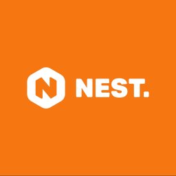 Target Brand - Projekt logo 'NEST' na pomarańczowym tle, z białym heksagonalnym symbolem zawierającym literę N.