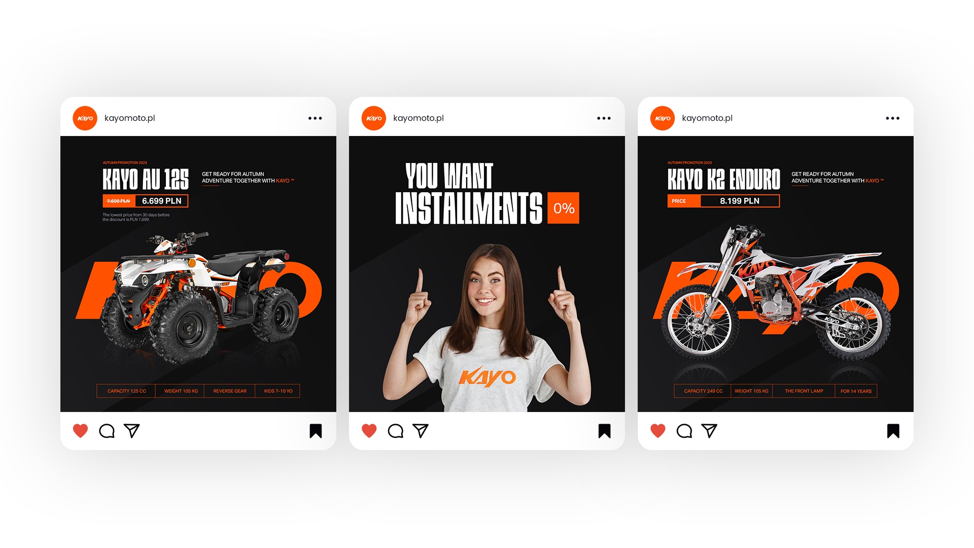 Promocyjne posty w stylu Instagrama prezentujące ofertę pojazdów Kayo: Kayo AU 125 (quad) w cenie 6699 PLN, oferta ratalna oraz Kayo K2 Enduro (motocykl) w cenie 8199 PLN.