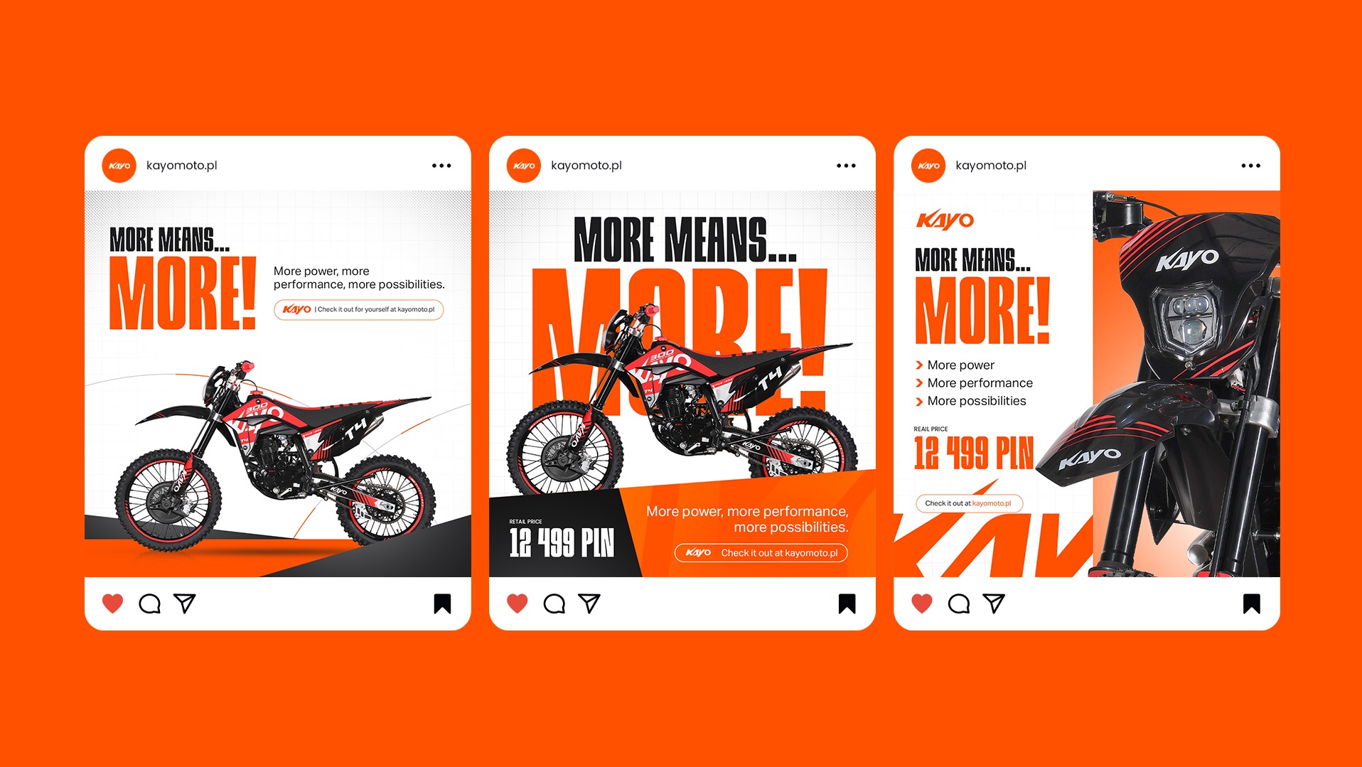 Reklama motocykli Kayo w formie postów na Instagramie, prezentująca modele w kolorystyce czarno-czerwonej z hasłem 'More Means... More!' i informacją o cenie.