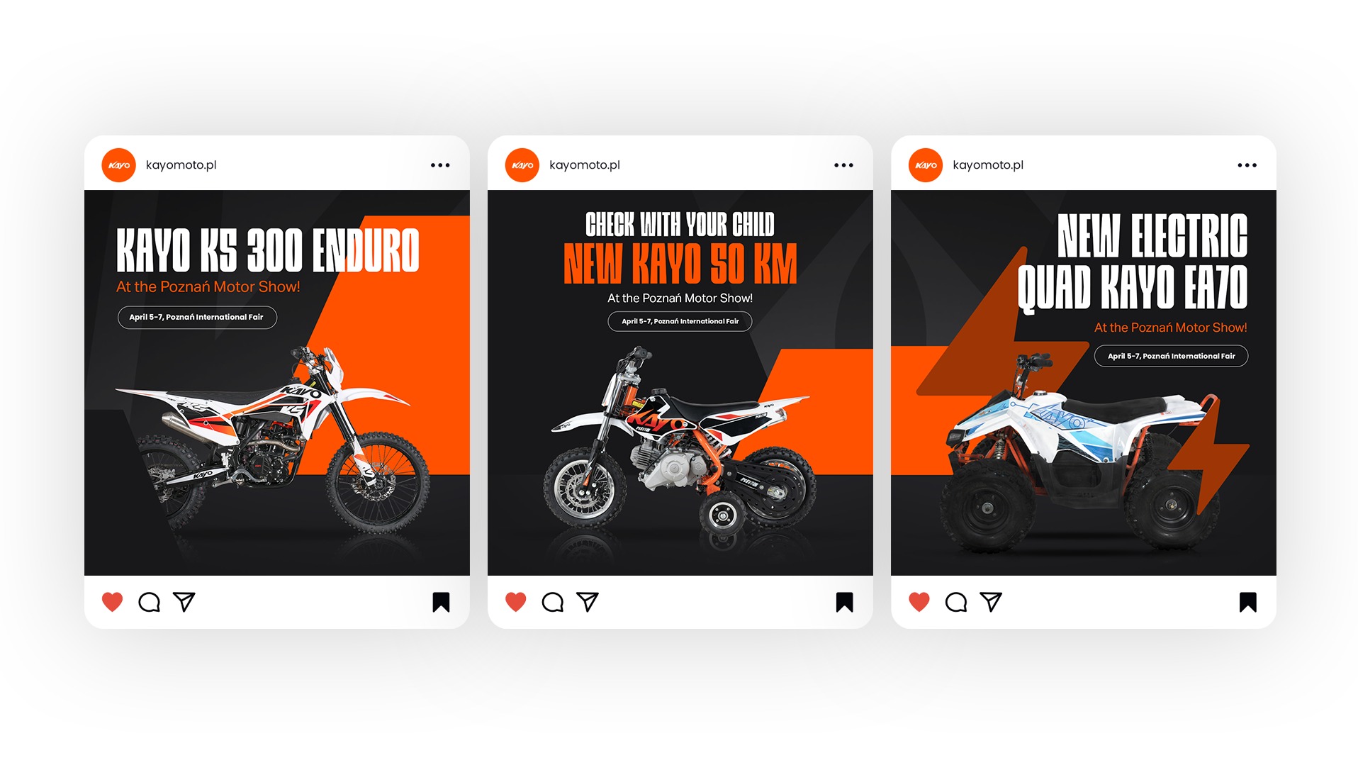 Grafika reklamowa w stylu posta z mediów społecznościowych, prezentująca trzy różne modele motocykli i quada marki Kayo, z informacją o wystawie na targach w Poznaniu.