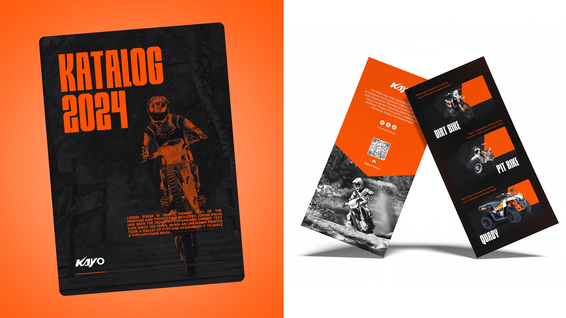 Projekt okładki katalogu KAYO 2024 z motocyklistą crossowym oraz rozkładówka katalogu z ofertą dirt bike, pit bike i quady na białym tle.