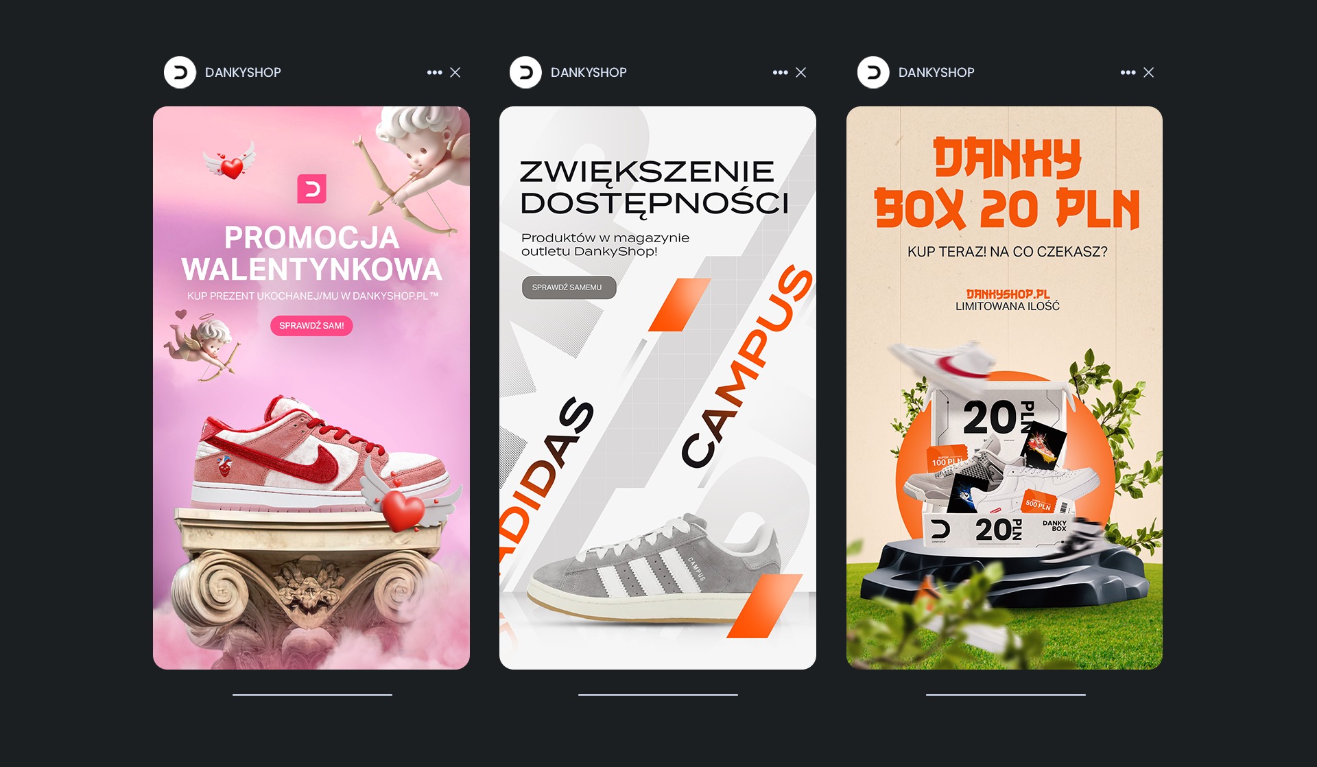 Kompozycja trzech ekranów smartfona prezentujących grafiki reklamowe sklepu DankyShop: promocja walentynkowa z butami na postumencie, zwiększenie dostępności produktów Adidas Campus, oraz oferta...