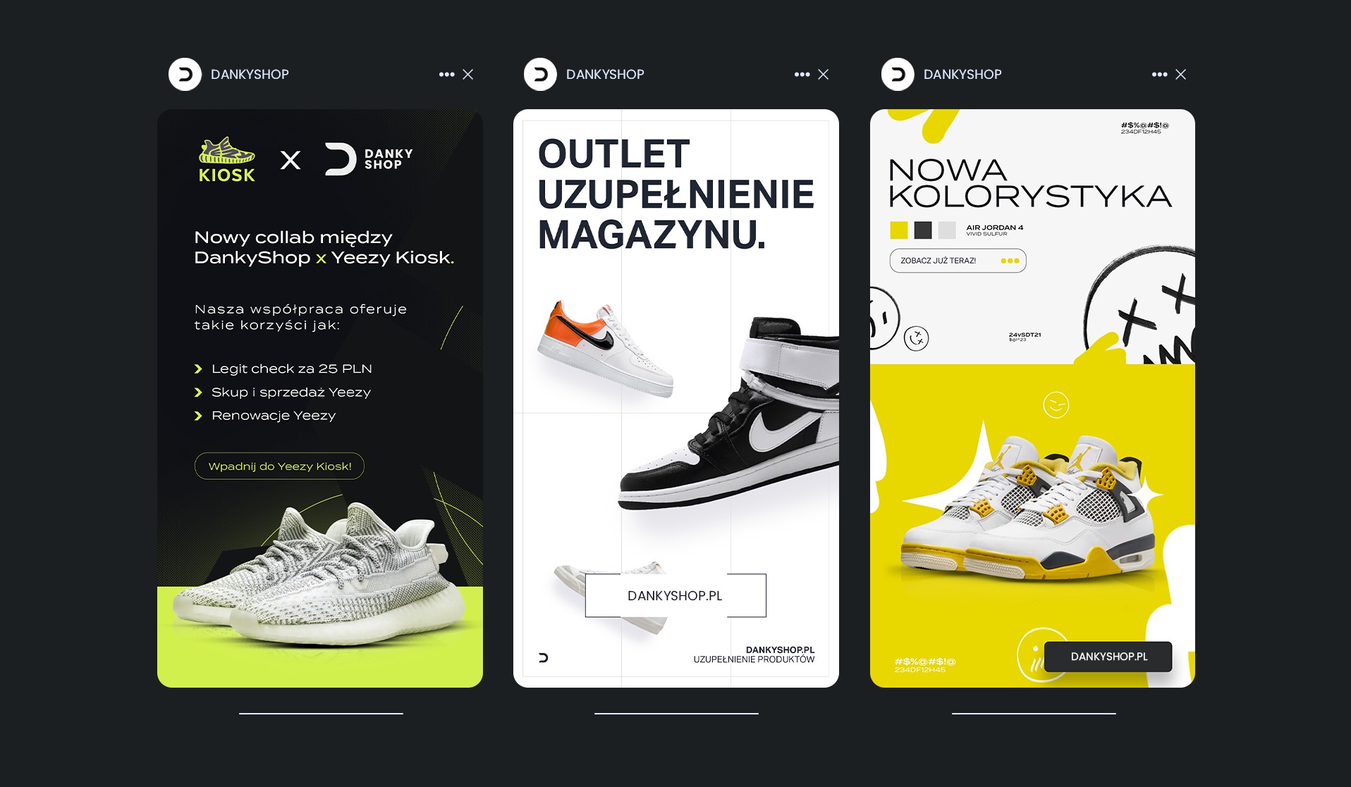 Reklama mobilna DankyShop z ofertą outletu, kolaboracji z Yeezy Kiosk i nowej kolorystyki Air Jordan 4 Vivid Sulfur, prezentowana na trzech ekranach smartfonów.