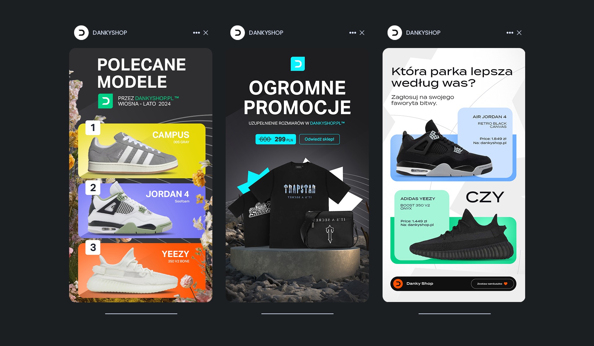 Baner reklamowy sklepu internetowego DankyShop.pl prezentujący polecane modele obuwia i odzieży, w tym Adidas Campus, Air Jordan 4 i Adidas Yeezy, oraz promocję na odzież marki Trapstar.