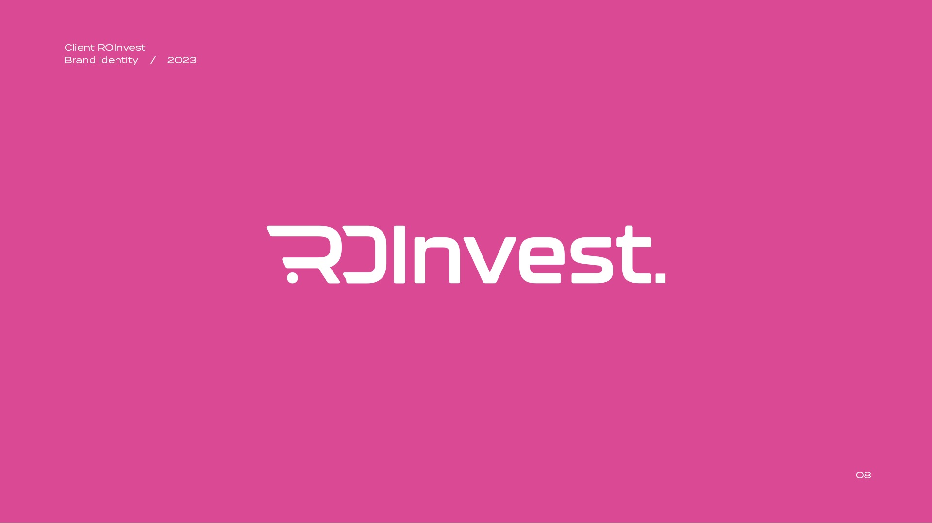 Nowoczesne logo RDInvest w bieli na intensywnym różowym tle, z subtelnym dopiskiem 'Brand Identity / 2023' w górnym rogu.