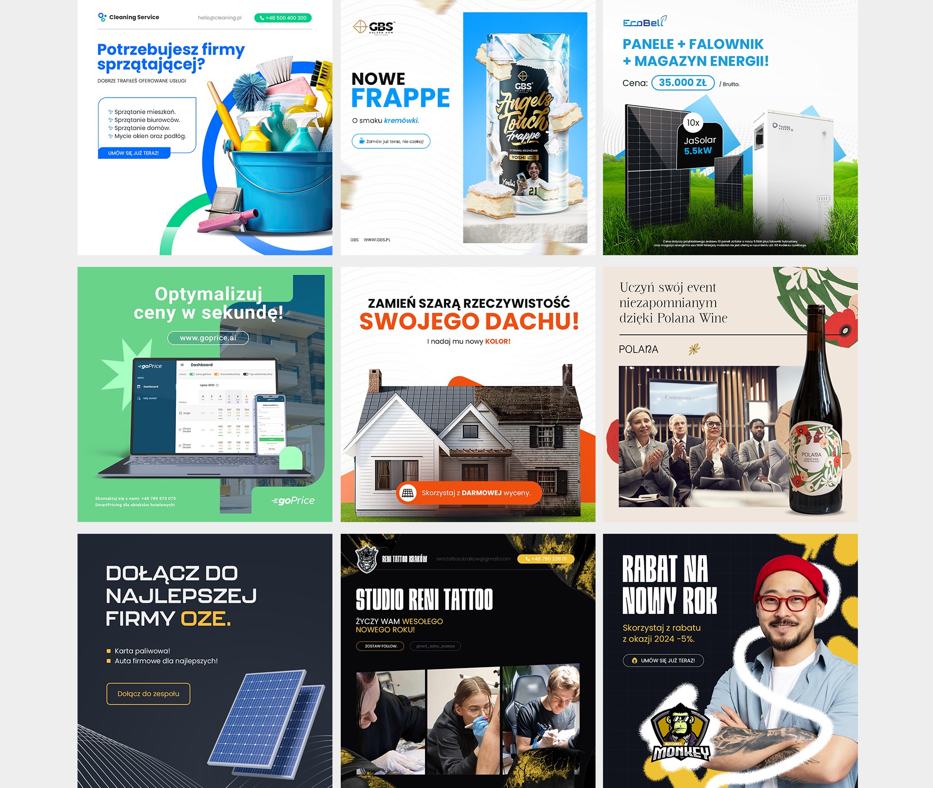 Zestawienie reklam: środki czystości w wiadrze, mrożony napój kremowy, panele słoneczne z falownikiem i magazynem energii, laptop z dashboardem, dom przed i po renowacji dachu, butelka wina na tle...