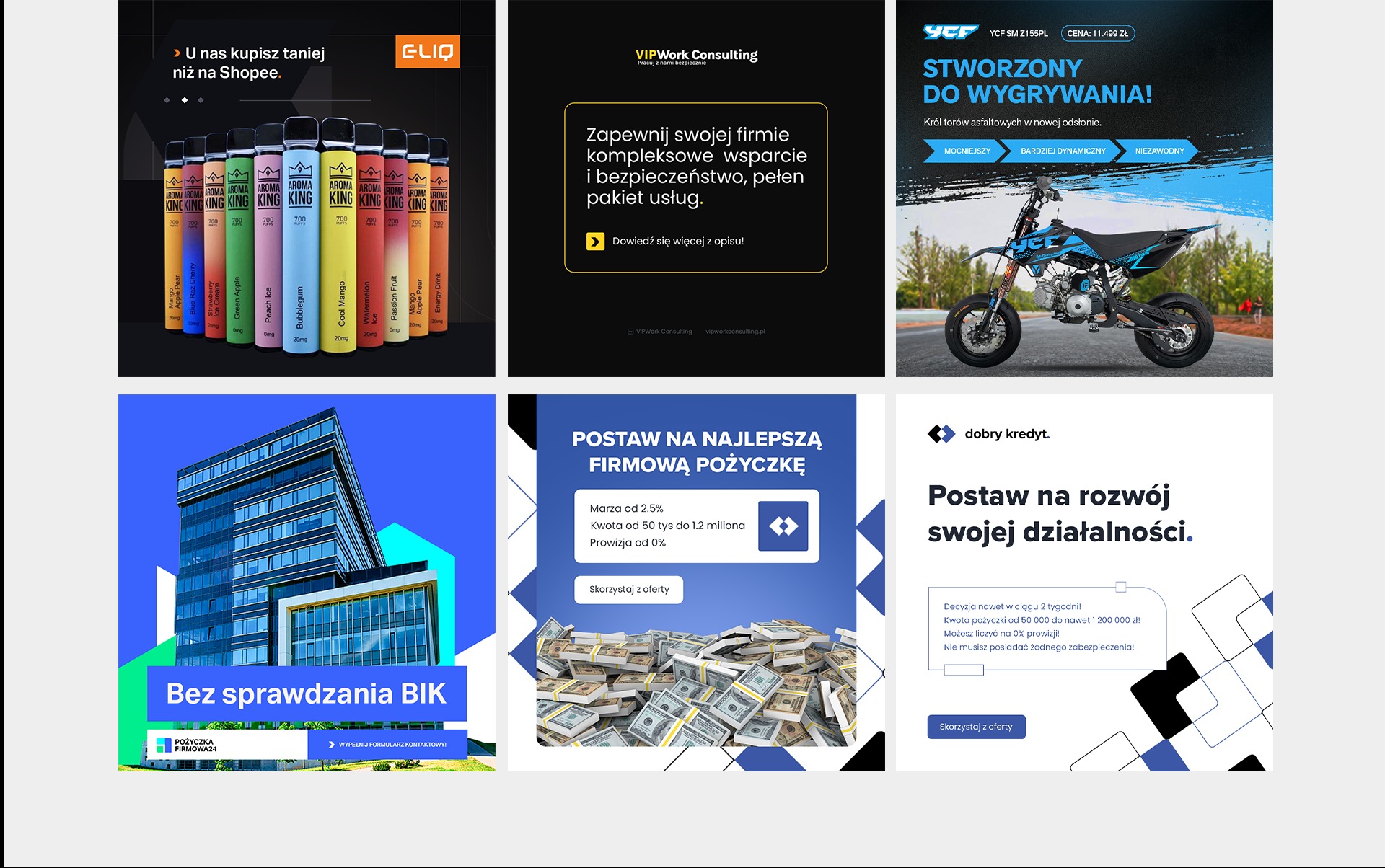 Kompozycja z czterech reklam graficznych: e-papierosy, wsparcie dla firm, motocykl crossowy, pożyczki firmowe, z różnymi kolorami i elementami wizualnymi.